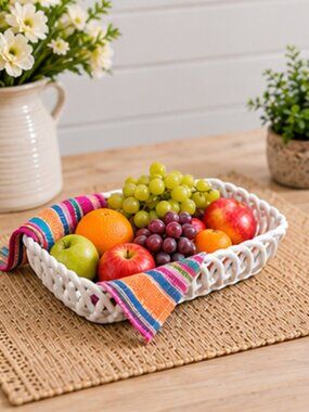 Meritage White Woven Ceramic Basket Serving Bowl 13.5" Bread/Fruit